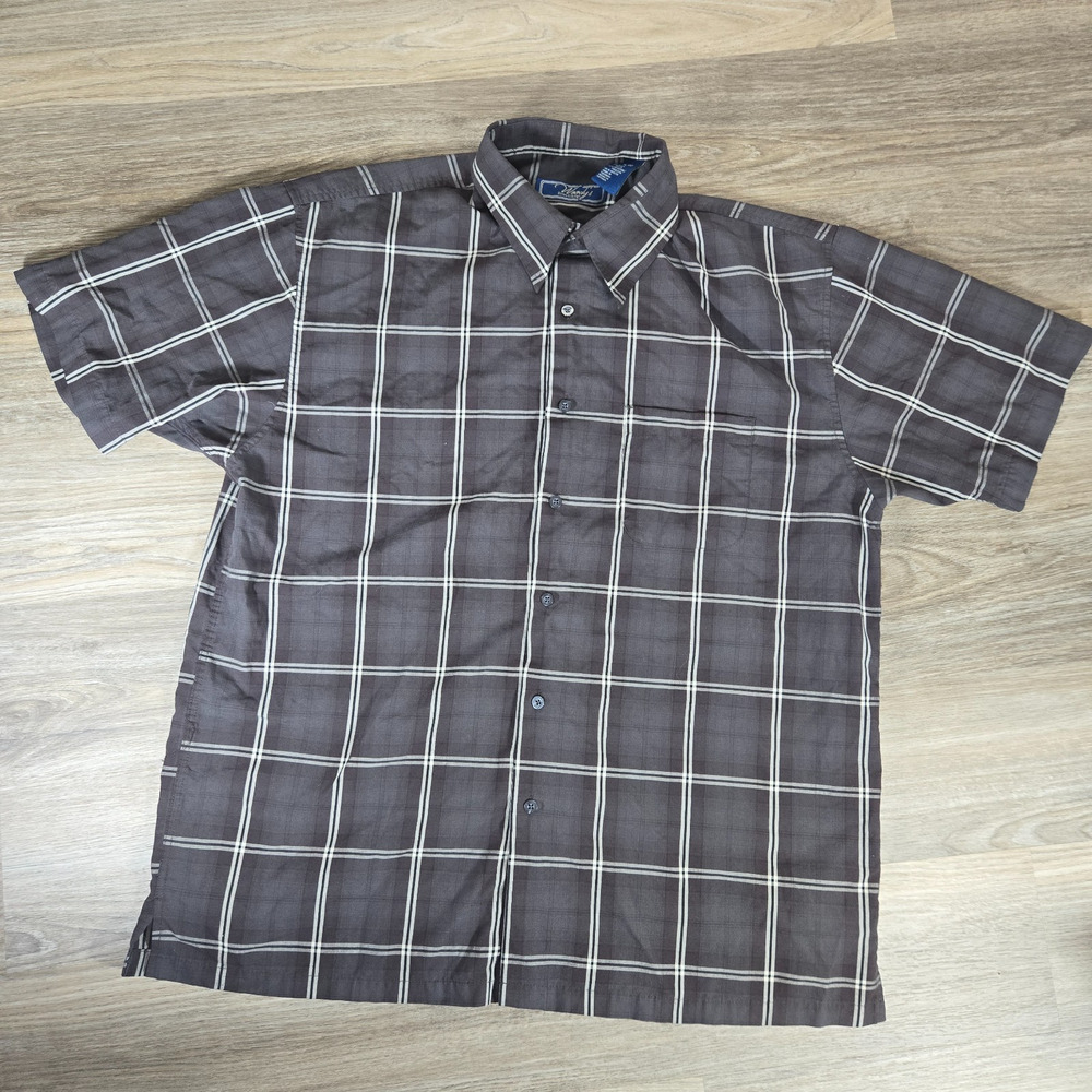 Vintage Woodys Shirt Mens XL Black Gray Plaid Camp Collar Lounge Retro Button Up